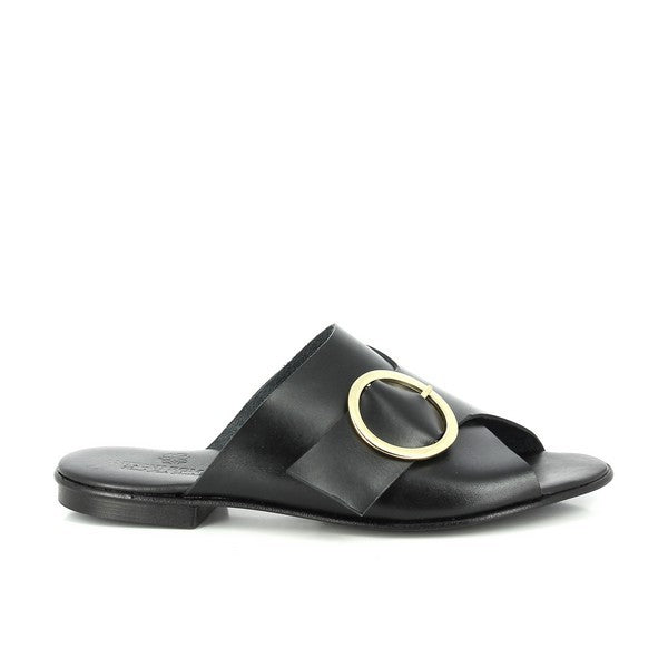 A pair of Antichi Romani 2011 Nero Black Slides is elegantly showcased against a neutral backdrop. The slides feature sleek black leather with a decorative strap adorned with a round golden buckle, adding a touch of sophistication. The 2 cm heel provides a subtle lift, while the round toe design ensures a classic and comfortable fit. The leather upper and lining highlight the premium Italian craftsmanship, and the synthetic sole is designed for durability and flexibility.