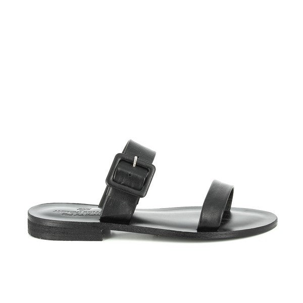 A sleek pair of Antichi Romani 2021 Nero Black Slides is captured on a clean background. The two-strap design, made from premium black leather, is accented with silver buckles that provide an elegant touch. The sandals feature a rounded toe and a subtle 2 cm heel-platform, highlighting their refined craftsmanship and minimalist aesthetic.