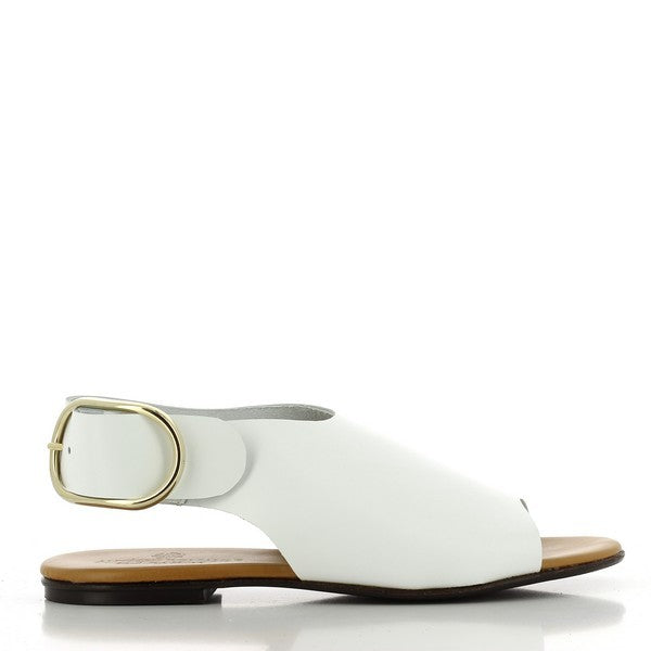 The Antichi Romani 206 Bianco White Slingback Sandals are showcased against a neutral backdrop, highlighting their pristine white leather upper. The sandals feature a rounded toe and an adjustable slingback strap, emphasizing their classic design. The 1 cm heel-platform adds a subtle lift, while the synthetic sole ensures durability and grip. The clean, smooth texture of the leather reflects light, underscoring the premium quality and expert craftsmanship. 