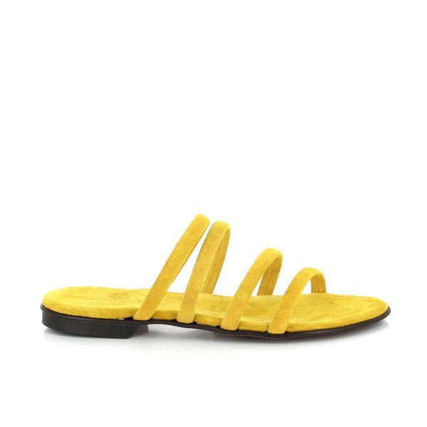 The Antichi Romani 208 Ambra Yellow Multi-Strap Slides are elegantly displayed against a neutral backdrop. The slides feature a vibrant yellow leather upper with a multi-strap design, adding a bold and contemporary touch. The round toe and 2cm heel-platform provide both style and comfort. The premium leather lining and synthetic sole are visible, showcasing the meticulous Italian craftsmanship.
