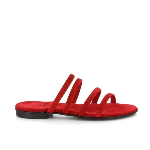 The Antichi Romani 208 Red Multi-Strap Slides are showcased against a simple, neutral backdrop. The vivid red leather upper features a multi-strap design, adding a bold and modern touch. The slides feature a round toe and a 2cm heel-platform, combining elegance with comfort. The leather lining and synthetic sole are visible, highlighting the premium craftsmanship of these Italian-made women’s shoes.