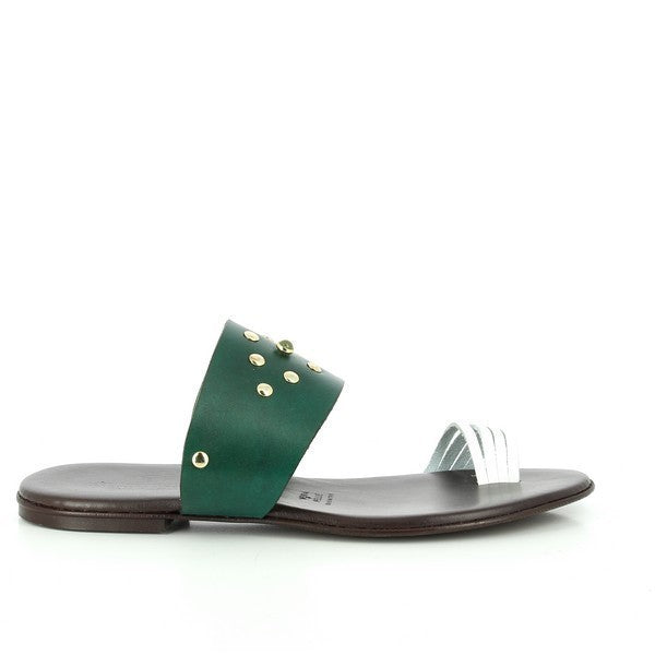 The Antichi Romani 874 Green Thong Slides are elegantly displayed against a soft, neutral background that accentuates their vibrant design. The rich green leather upper gleams subtly, showcasing the high-quality craftsmanship synonymous with the prestigious Italian brand. The thong style features a delicate strap that gracefully hugs the foot, while the round toe shape adds a classic touch. 