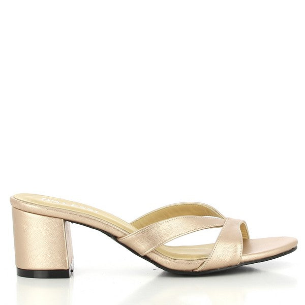 The photo showcases a pair of Dalessi Daily Gold Slides, highlighting their elegant synthetic gold upper with a subtle shimmer. The round toe shape offers a comfortable fit, while the leather lining ensures a soft and breathable interior. A 6 cm heel provides a flattering lift, perfect for both casual and more polished looks. The synthetic sole offers durability and support, making these slides both stylish and practical. Their versatile design makes them ideal for adding a touch of luxury to any outfit.
