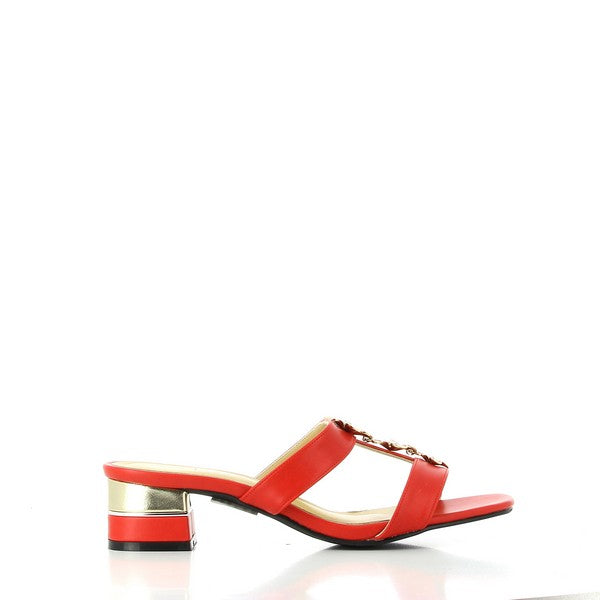 The photo showcases the Dalessi Daisy Red & Gold Slides, featuring a striking leather upper in a bold red and gold combination. The round toe design ensures a comfortable fit, while the leather lining adds a soft, breathable feel. The 5 cm heel provides a flattering lift, perfect for both casual and semi-formal occasions. A durable synthetic sole completes the look, offering reliable traction and long-lasting wear. These slides exude elegance, making them a versatile addition to any stylish wardrobe.