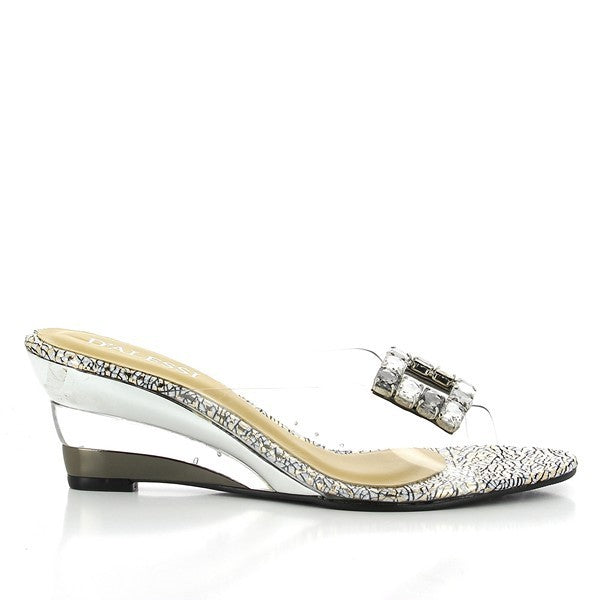 A side view of the Dalessi Damsel Gold Slides, showcasing the sleek synthetic gold upper and the 6 cm heel, along with the elegant silver buckle for a polished look.