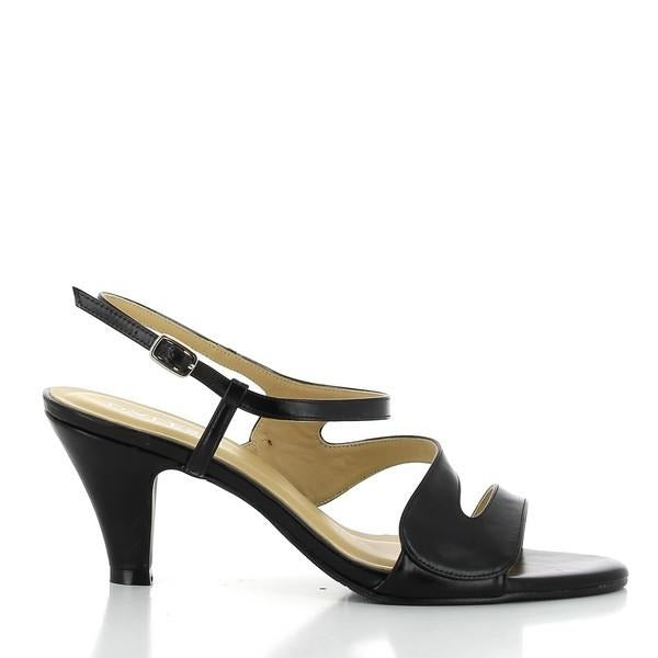 The side view of the Dalessi Daytona Black Slingback Heels highlights the smooth synthetic upper and the sleek 7 cm heel. The elegant round toe completes the refined silhouette.