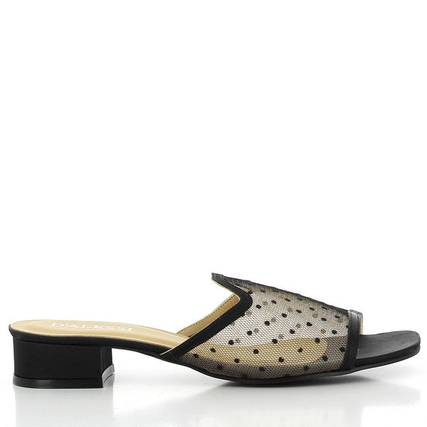 A sleek profile showcasing the Dalessi Dotti Black Slide, with its 3 cm platform heel and a mesh upper detailed with delicate black dots.