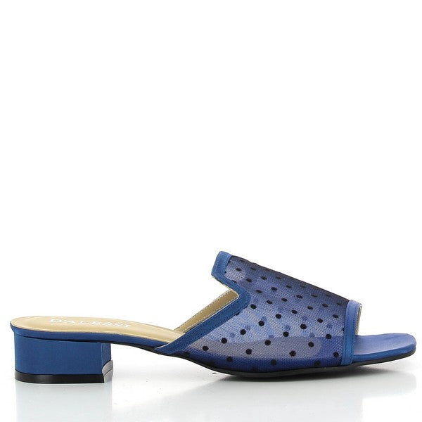 A clear view of the Dalessi Dotti Blue Slide showcasing the synthetic mesh upper with dotted details and the round toe. The sleek 3 cm heel is visible, adding to its stylish profile.