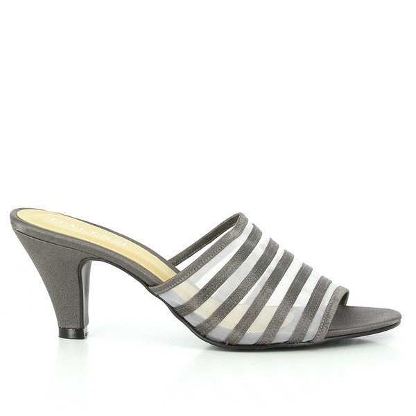 A side view of the Dalessi Dotti White Slides showcasing the sleek white mesh upper with dotted accents, a slightly elevated 3 cm heel, and a round toe silhouette.