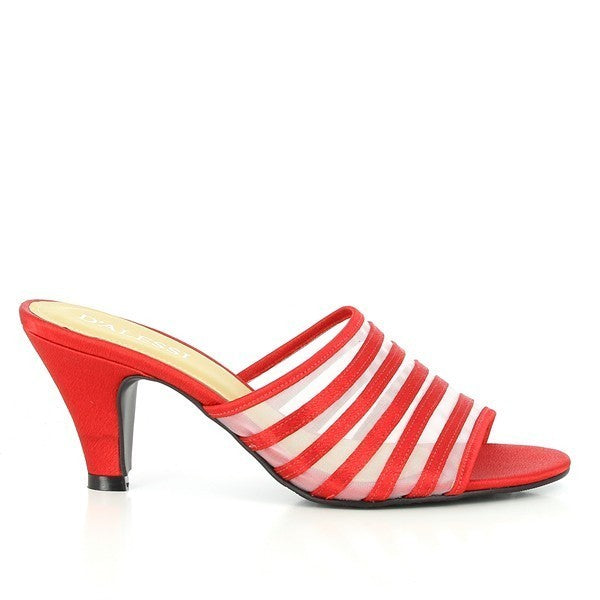 A sleek profile of the Dalessi Dowling Red Slides showcasing the vibrant red mesh upper, the open-toe design, and the 3cm platform sole.