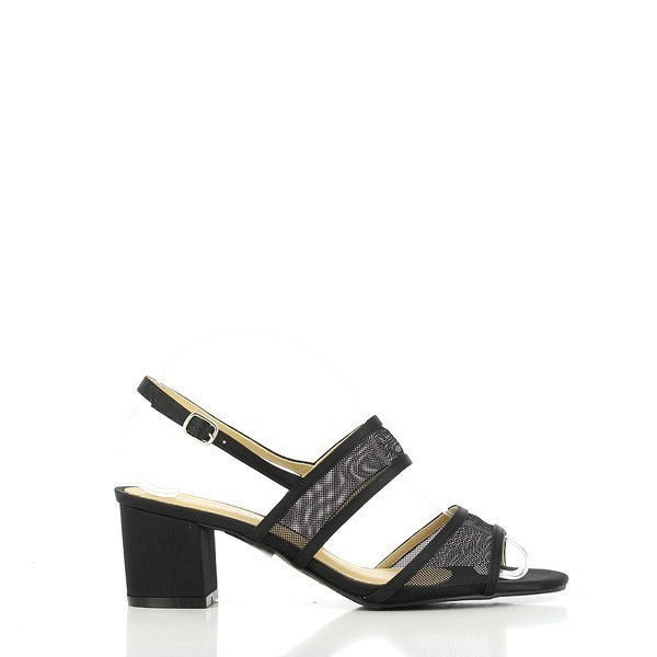 A sleek side view of the Dalessi Drysdale Black Slingback Sandal, showcasing the clean lines of the leather upper, two adjustable straps, and the 6.5 cm heel-platform.