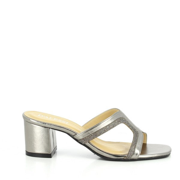 A side view of the Dalessi Ducati Pewter Slide, showcasing the sleek leather upper with open sides, the 6 cm heel-platform, and the rounded toe shape for a polished look.