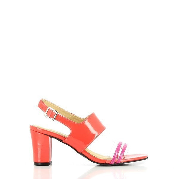 A clear view of the side of the sandal showcasing the sleek design with contrasting coral and pink straps. The heel stands at 7.5 cm, providing a perfect balance of style and comfort.