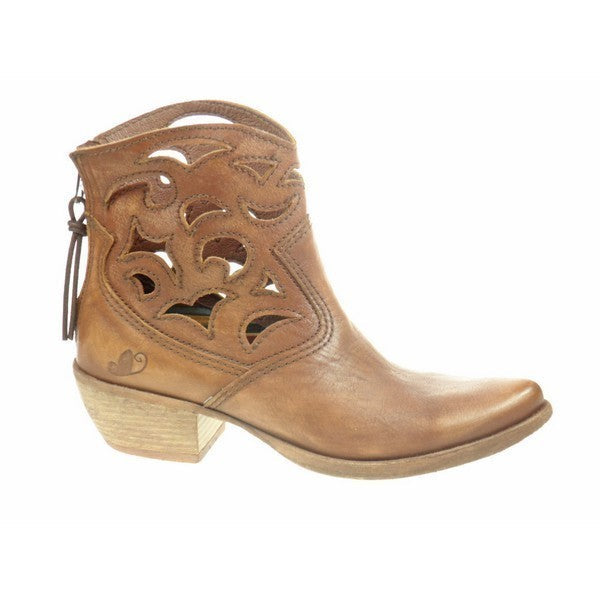 A close-up of the Felmini 8322 Brown Ankle Boot's sleek silhouette, highlighting the soft brown leather upper, decorative perforations along the side, and the cowboy-inspired design.