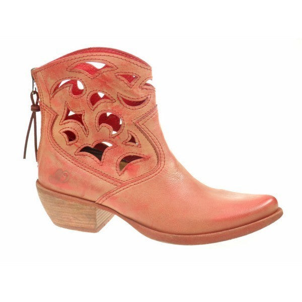A full profile of the boot showcasing its vibrant red leather upper, intricate decorative perforations along the side, and a sleek silhouette with a 5cm heel.