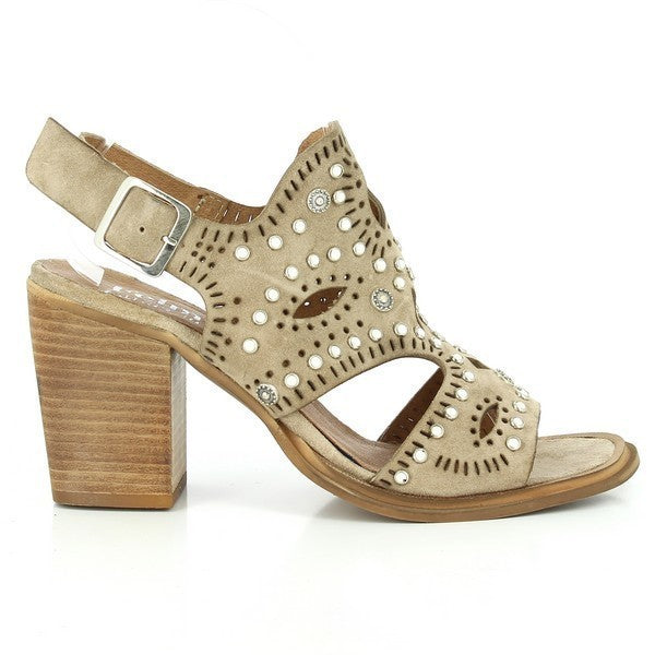 A full side profile of the Felmini A171 Taupe Sandals showcasing the smooth taupe leather upper, the open toe design, and the elegant stud accents along the strap. The 8cm square heel is visible, emphasizing its stable and contemporary design.

