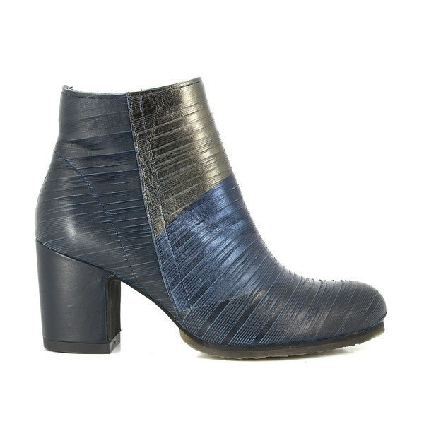 A clean side view of the Felmini A498 Denim Ankle Boots, highlighting the sleek, modern silhouette of the denim and leather combination. The round toe shape and smooth lines showcase the boot's stylish design, making it a versatile addition to any outfit.