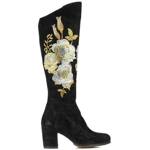 The Felmini A636 Black Floral Boots feature a sleek, smooth leather construction with intricate floral details on the upper, showcasing a modern yet elegant design.