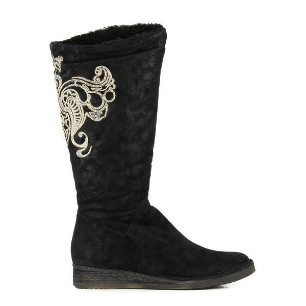 A full-length shot of the Felmini A637 Black Boots showcasing the sleek leather upper, rounded toe, and wedge heel. The boot features a smooth silhouette that highlights its elegant design, ideal for everyday wear.