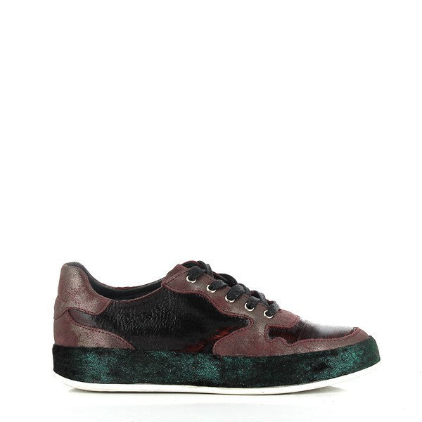 A clear side view of the Felmini B412 Burgundy & Green Sneakers, showcasing the rich burgundy leather upper and green accents. The sleek design highlights the modern, stylish look of the sneakers.