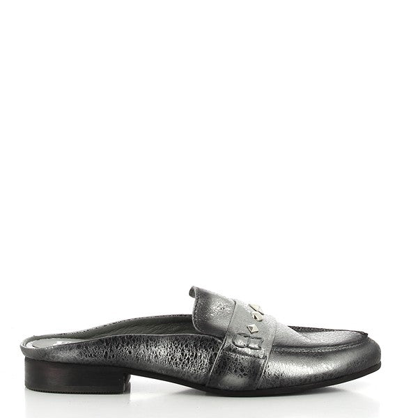 A sleek side profile showcasing the premium dark grey leather upper, the subtle 2cm platform heel, and the loafer-inspired design with clean lines.