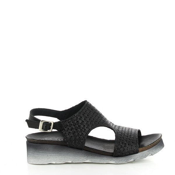 The black leather upper of the Felmini B800 slingback sandals is sleek and stylish, showcasing a smooth, refined finish with a rounded toe and a minimalistic design.
