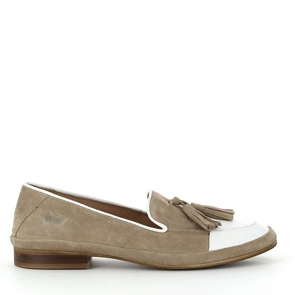 A full side view of the Felmini C244 Taupe & White Loafers showcasing the clean lines, smooth leather finish, and contrasting taupe and white tones. The 2cm flat heel and synthetic sole are visible, highlighting their sturdy and comfortable design.

