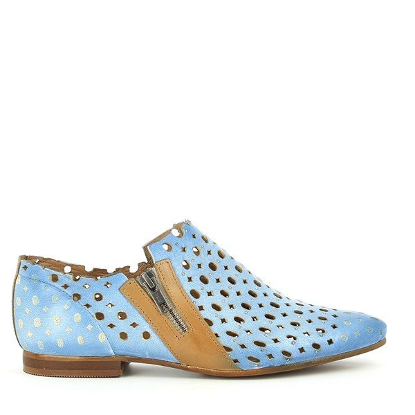 The side view of the boot showcases its sleek light blue leather exterior, smooth finish, and elegant round toe. The side zipper is visible for easy access and a stylish detail.