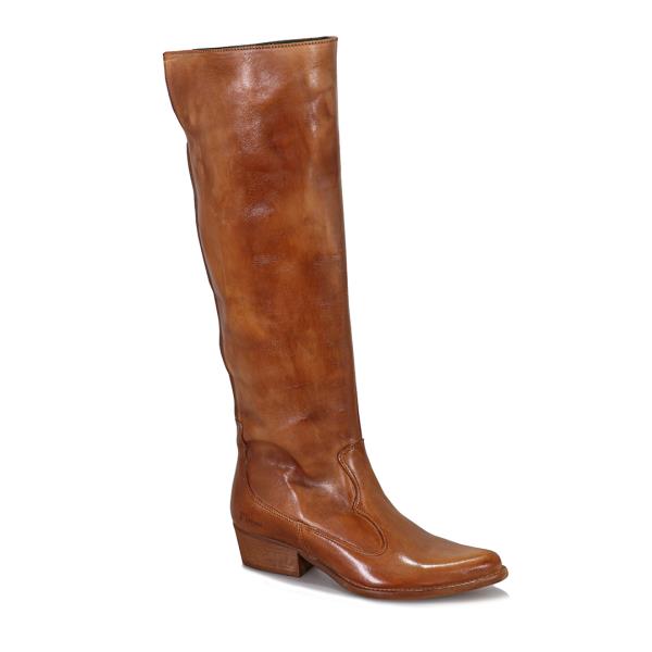 A sleek, full-length shot of the Felmini D206 Couro Tan Long Boots, showcasing the smooth leather upper, clean lines, and round toe design, with the 4 cm heel offering a sophisticated, comfortable profile.