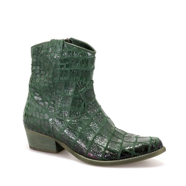 A close-up of the Felmini D208 Army Green Ankle Boots showcasing the smooth leather finish with a bold snake print pattern. The rounded toe design complements the sleek profile, highlighting the contemporary and sophisticated style of the boots.