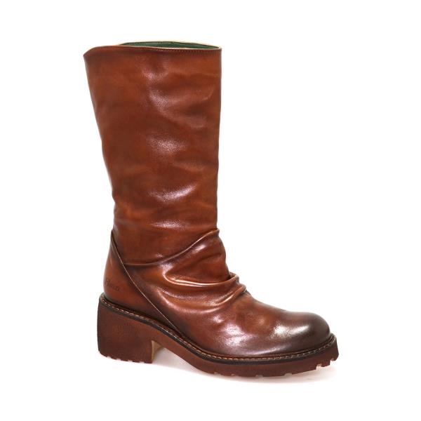 A clear profile showcasing the elegant mid-calf design, smooth leather upper, and round toe shape. The rich brown hue and sleek silhouette offer a sophisticated look.