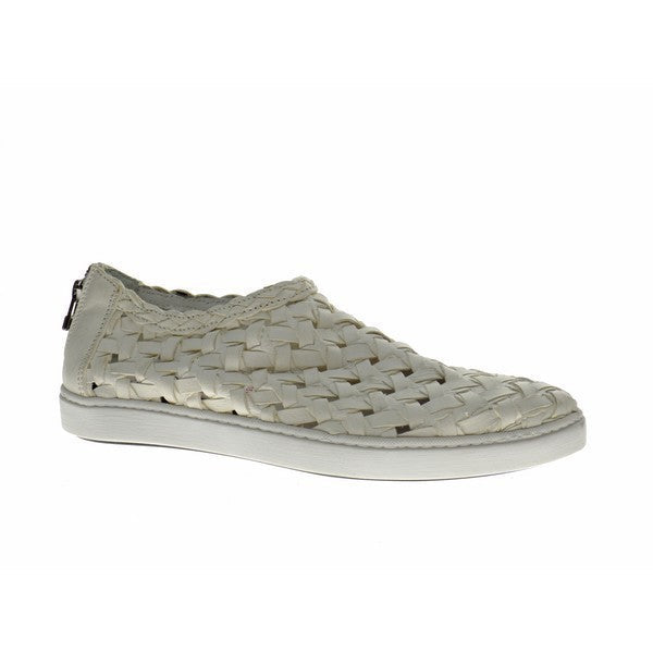 A sleek white leather sneaker featuring a distinctive braided texture on the upper, a smooth round toe, and a clean 2cm heel. The side zipper enhances the shoe's minimalist yet functional design.