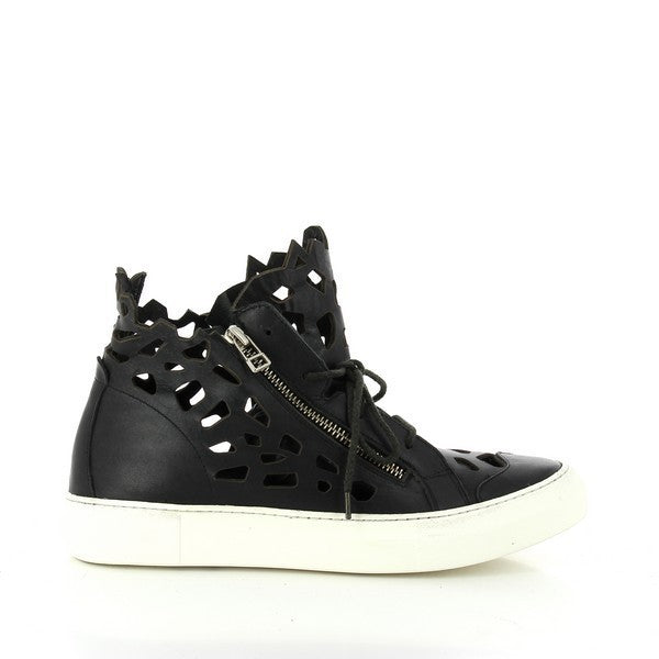 A stylish white sneaker featuring a premium leather upper with intricate die-cut detailing, decorative lace-up accents, and a sleek side zipper for functionality. The clean, minimalist design is complemented by a 2cm sole.