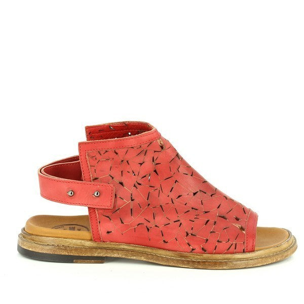 A sleek profile showcasing the vibrant red leather upper with perforations, the flat leather sole, and the elegant slingback strap for a secure fit.