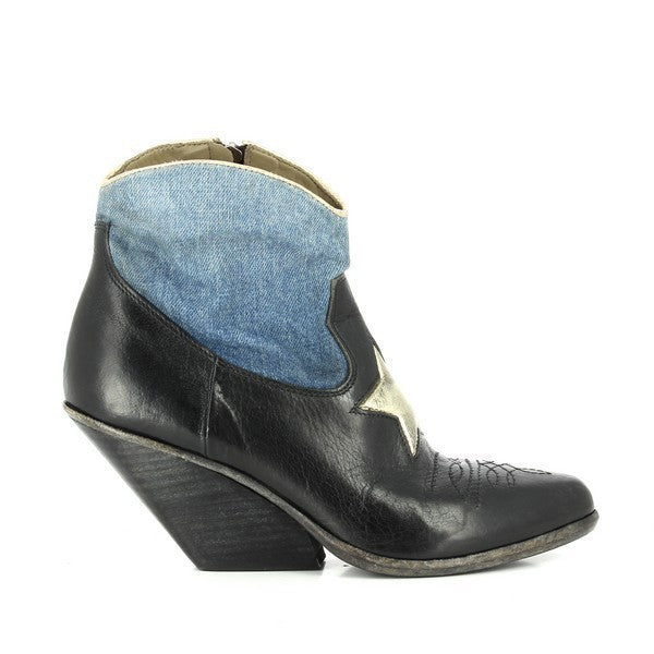 A side angle of the Forte AD1924 Black & Jean Ankle Boot, showcasing its sleek black leather upper and denim material, with the distinctive gold star detail adding a touch of elegance.