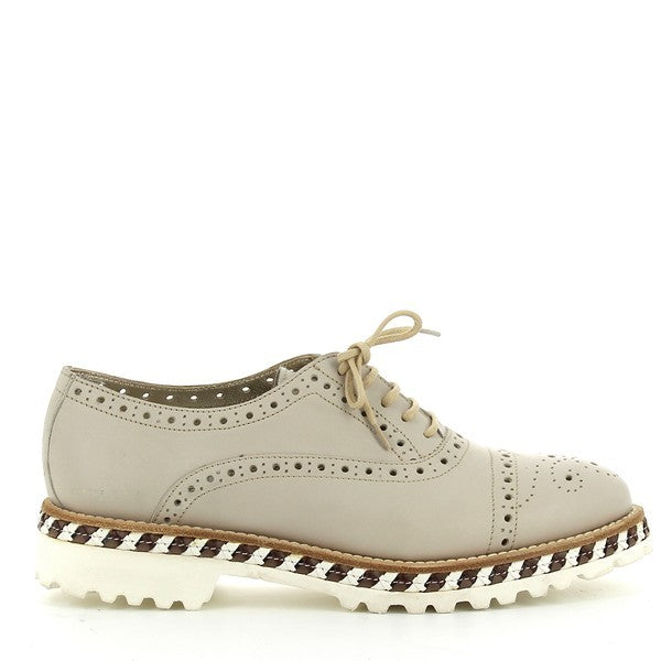 A side view of the Forte OB1402 Taupe Lace-Up Shoe, showcasing its sleek leather upper, round toe shape, and brogue-style detailing with fine stitching and texture.