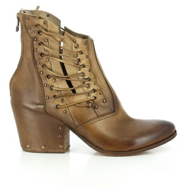 A full side view of the Forte S16-8360 tan ankle boot, showcasing the sleek leather upper with side laces, a rounded toe, and the elegant leather sole.