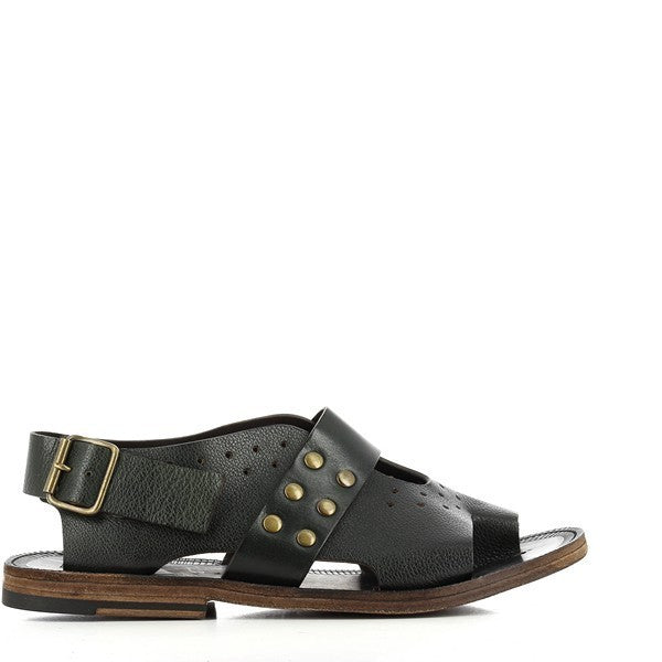 A clear side profile of the sandal showcasing the sleek black leather upper with a wide strap, open toe, and slingback strap with a golden buckle. The decorative golden studs add a touch of elegance.