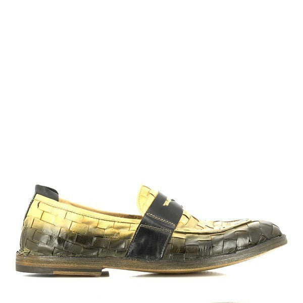 A close-up of the sleek side profile of the Forte S182229 Beige & Black Slip-On Shoes, highlighting the smooth leather upper and clean, modern silhouette.