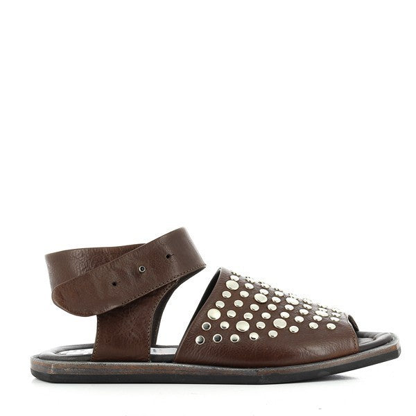 A clear profile shot of the Forte S184254 Khaki Slingback Sandals showcasing the elegant open-toe design with a sleek leather upper, silver studs adding a stylish edge.