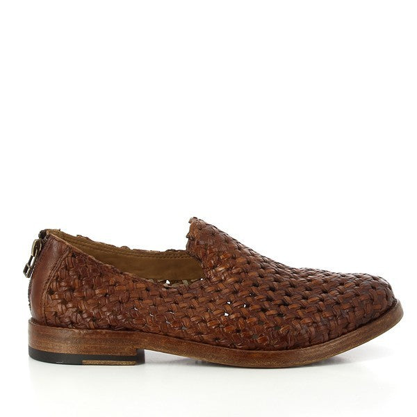 A profile shot of the Forte S19-8405 Cuoio Tan Loafers, showcasing the elegant braided leather upper and the smooth, round toe design.