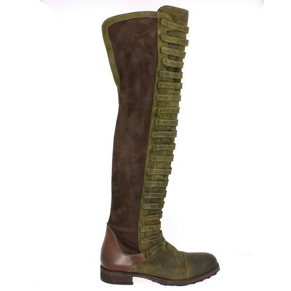 A close-up of the Forte W148029 Green & Brown Long Boot showcasing its elegant nubuck leather upper in a two-tone green and brown design. The clean, seamless stitching and round toe are prominently displayed, highlighting the craftsmanship.