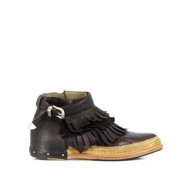 A clear shot of the Forte W167226 Burgundy Ankle Boot showcasing the smooth leather upper, decorative fringes, and elegant buckle strap detail. The sleek silhouette emphasises its timeless style.