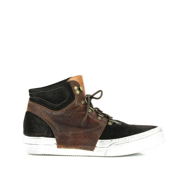 A clear side profile of the Forte W172092 Geremia Dark Brown High-Top Sneakers, showcasing the rich, two-tone brown leather upper, smooth curves, and sleek silhouette.