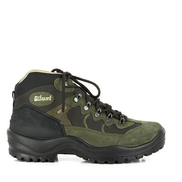A clear side profile of the Grisport 10694S3G Green Trekking Sneakers, showcasing the sleek leather upper and durable synthetic sole. The design is both stylish and functional for outdoor activities.