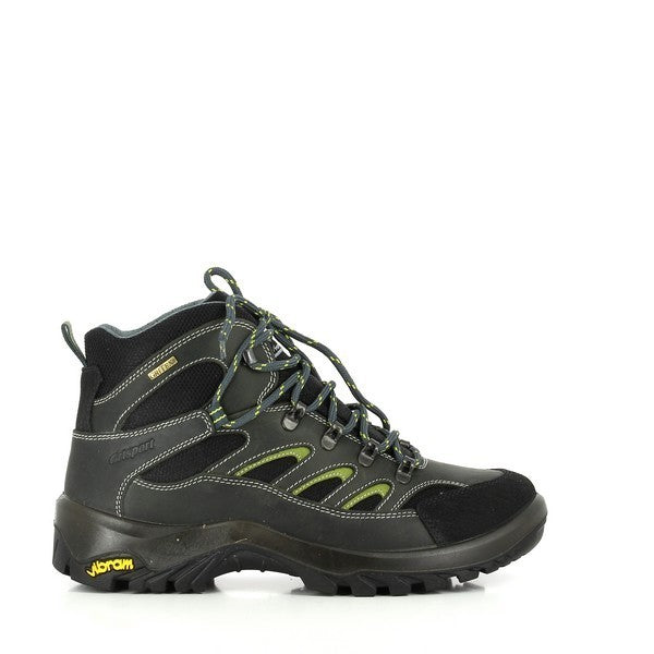 A clear side view of the Grisport 11495 Black Lace-Up Boots, showcasing the premium leather upper, lace-up fastening, and sturdy, synthetic sole designed for outdoor adventures.