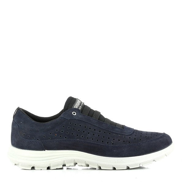 A clear side profile showcasing the sleek leather upper and the round toe shape. The synthetic sole and subtle blue tones highlight the modern, casual style.