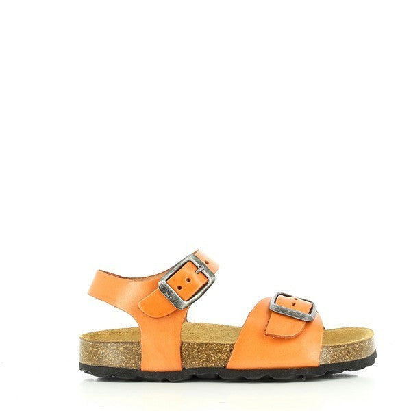 A captivating image showcases the vibrant Plakton 110053 Mandarine Slingback Kids Sandals. The rich mandarin orange leather upper gleams under sunlight, complemented by adjustable buckle straps and an ankle strap for a secure fit. With a soft leather lining and round toe shape, these sandals promise comfort and ample space for natural movement. The cork footbed and 2cm heel platform offer stability, while the ridged synthetic sole ensures superior traction.