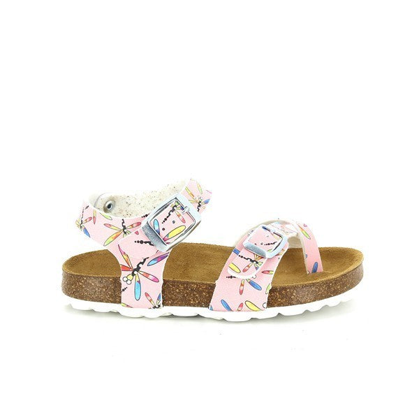 A vibrant close-up of Plakton's Pink Dragonflies Kids Sandals, highlighting their bright pink synthetic upper adorned with delicate dragonfly patterns. The adjustable crisscrossing straps and ankle strap ensure a secure fit, while the thong design with a frontal loop adds a playful touch. The round toe shape provides ample space for comfort, and the cork footbed with a 2cm heel-platform offers both support and a subtle lift.