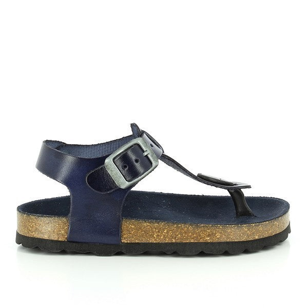 A vibrant image showcases the 111676 Navy Kids Thong Sandals against a sunny backdrop. The classic thong design with an adjustable buckle is highlighted, along with the cork sole that molds to the feet for optimal comfort. Crafted with quality leather upper and made in Spain, these eco-friendly sandals offer style and sustainability for kids who care about the planet.